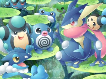 :d artist_name bright_pupils commentary_request day frogadier gen_1_pokemon gen_2_pokemon gen_5_pokemon gen_6_pokemon greninja grey_eyes hand_up highres lily_pad nintendo open_mouth outdoors palpitoad pokemon pokemon_(creature) politoed poliwag poliwhirl sasabunecafe seismitoad sitting smile swimming tongue twitter_username tympole water water_drop white_pupils