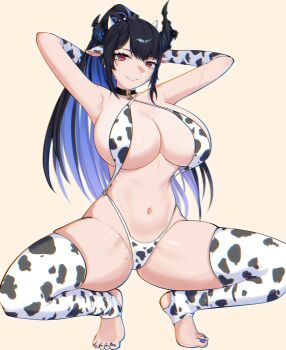 1girl absurdres animal_ears animal_print arms_up asymmetrical_horns bikini black_choker black_hair blue_hair bow choker cow_ears cow_horns cow_print cow_print_bikini demon_horns grin high_ponytail highres hololive hololive_english horns long_hair looking_at_viewer multicolored_hair nerissa_ravencroft p_protocoll ponytail print_bikini red_eyes simple_background smile solo spread_legs squatting swimsuit thighs tiptoes two-tone_hair uneven_horns very_long_hair virtual_youtuber yellow_bow