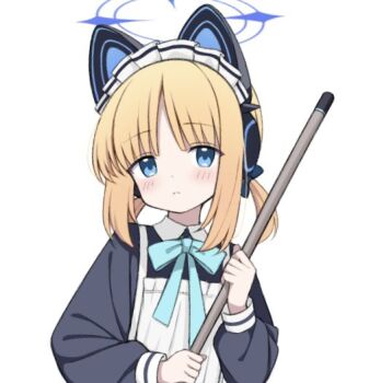 Rule 34 | 1girl, animal ear headphones, animal ears, ao (blue archive), apron, aqua bow, aqua bowtie, black dress, blonde hair, blue archive, blue bow, blue eyes, blue halo, blush, bow, bowtie, cat ear headphones, cat ears, closed mouth, collared dress, commentary request, contrast collar, dress, fake animal ears, hair bow, halo, headphones, holding, long sleeves, looking at viewer, maid, maid apron, maid headdress, multi-source commentary, parted bangs, puffy long sleeves, puffy sleeves, short hair, short twintails, sidelocks, simple background, solo, suiran (suiran0111), twintails, upper body, white apron, white background