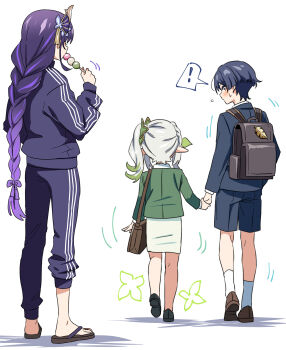 Rule 34 | !, 1boy, 2girls, alternate costume, alternate universe, arms at sides, asymmetrical pants, backpack, bag, black eyes, black hair, black jacket, black pants, black shoes, black shorts, black sleeves, blazer, blunt ends, blush, braid, brown sandals, brown shoes, casual, clenched hand, colored tips, commentary request, contemporary, dango, eyelashes, eyeliner, facing another, facing away, fan hair ornament, feathers, flip-flops, flower, flying sweatdrops, food, from behind, full body, genshin impact, green hair, green jacket, green sleeves, grey bag, grey hair, hair flower, hair ornament, half crown braid, hand up, height difference, highres, holding, holding hands, holding skewer, jacket, kiyokezo, korean commentary, layered sleeves, leaf, leaf hair ornament, long hair, looking at another, low-braided long hair, low-tied long hair, makeup, mid-stride, multicolored hair, multiple girls, nahida (genshin impact), office lady, pants, pencil skirt, pointy ears, purple flower, purple hair, raiden shogun, red eyeliner, sandals, sanshoku dango, scaramouche (genshin impact), school uniform, shoes, shorts, side ponytail, sidelocks, skewer, skirt, socks, spoken exclamation mark, standing, streaked hair, suit jacket, surprised, sweatdrop, tassel, tassel hair ornament, track jacket, track pants, wagashi, walking, white background, white skirt, white sleeves, white socks, white trim, wide-eyed, yellow feathers