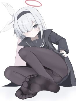 black_coat black_hairband black_pantyhose blue_archive clothes_lift coat commentary eyes_visible_through_hair feet foot_focus grey_eyes grey_hair hair_ribbon hairband halo highres looking_at_viewer lying no_shoes on_side pantyhose pink_halo plana_(blue_archive) ribbon sailor_collar si_shirono skirt skirt_lift soles white_background white_ribbon