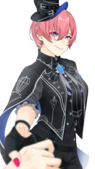 Rule 34 | 1girl, black cape, black gloves, black hat, black necktie, black shirt, blue eyes, blue gem, breasts, brooch, cape, closed mouth, commentary request, cowboy shot, fingerless gloves, gem, gloves, hair between eyes, hat, highres, holding hands, hololive, jewelry, looking at viewer, medium breasts, necktie, official alternate costume, pink hair, pov, pov hands, ringo 21 a, shirt, short hair, simple background, smile, solo focus, takane lui, takane lui (british gothic), virtual youtuber, white background