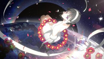 1girl absurdres alien_stage bare_shoulders black_hair bob_cut chinese_commentary commentary dress earrings earth_(planet) eclipse elbow_gloves floating flower from_above full_body gloves hairband highres jewelry juliet_sleeves lai_dou_laile_555 long_sleeves looking_at_viewer looking_up parted_lips planet puffy_sleeves red_flower short_hair solar_eclipse solo space sua_(alien_stage) white_dress white_gloves white_hairband