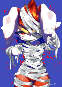 1other animal_hands animal_nose arms_up artist_name bags_under_eyes bandages blue_background blue_fur body_fur bright_pupils cinderace closed_mouth cowboy_shot ears_down furry gen_8_pokemon half-closed_eyes looking_at_viewer minamo_(minamoto_minamo) multicolored_fur mummy_costume nintendo one_eye_covered other_focus outstretched_arms pokemon pokemon_(creature) rabbit_ears red_eyes red_fur red_hair short_hair signature simple_background solo splatter_background standing straight-on white_fur white_pupils wide_hips zombie_pose