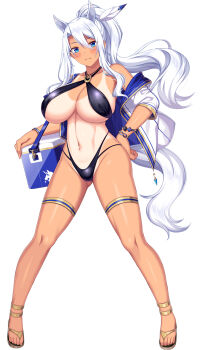 1girl bikini black_bikini blue_eyes blush choukou_(alicesoft) choukou_taisen_escalation_heroines dark-skinned_female dark_skin full_body gluteal_fold halterneck hand_on_own_hip highres holding_cooler horosuke jacket navel nicole_quadriga official_art open_clothes open_jacket ponytail sandals solo swimsuit tachi-e tan tanline thighs white_hair