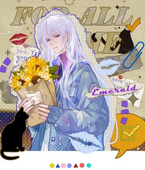 Rule 34 | 1boy, alternate costume, bag, blank speech bubble, blue jacket, border, bouquet, breast pocket, brown background, cael anselm, cat, character name, checkmark, chinese commentary, circle, collage (medium), colored speech bubble, commentary request, copyright name, daisy (flower), earrings, english text, flower, hair between eyes, halftone, halftone background, high collar, highres, holding, holding bouquet, jacket, jewelry, letterboxed, lined paper, lipstick mark, long hair, long sleeves, looking at viewer, lovebrush chronicles, male focus, multicolored jacket, notice lines, outline, paper bag, paperclip, parted lips, pocket, purple eyes, purple jacket, ring, shirt, sleeves past wrists, smile, solo, sparkle, speech bubble, square, star (symbol), sunflower, torn paper, triangle, two-tone jacket, upper body, very long hair, wax seal, white border, white flower, white hair, white shirt, xuedaixun, yellow flower