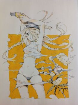 1girl armpits arms_up bandana bare_arms black_bandana black_panties blonde_hair braid breasts brown_eyes commentary_request derringer exploding_clothes gloves groin gun hair_over_one_eye handgun heart highres holding holding_gun holding_weapon long_hair looking_at_viewer medium_breasts missile_kid_(peter_salt) multiple_braids navel original palm_tree panties parted_lips peter_salt quad_braids shirt standing torn_clothes torn_shirt traditional_media tree underboob underwear weapon white_gloves white_shirt