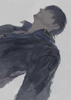 1boy barnabas_tharmr beard_stubble black_hair black_shirt closed_mouth collared_shirt commentary english_commentary facial_hair final_fantasy final_fantasy_xvi gold_trim grey_background grey_eyes hair_between_eyes highres j2_path male_focus shirt short_hair sketch solo stubble upper_body