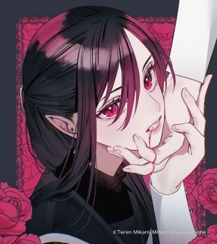 2girls absurdres aihara_wakana biting_another&#039;s_finger bow chigusa_minori dress fangs girls_x_vampire hair_between_eyes hair_bow half_updo highres long_hair long_sleeves luluna_von_bettelheim multiple_girls sailor_collar sailor_dress school_uniform second-party_source slit_pupils vampire wolf_cut