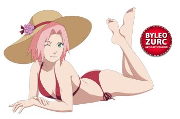 1girl ass barefoot bra feet green_eyes haruno_sakura hat leozurcxxx naruto_(series) naruto_shippuuden one_eye_closed panties pink_hair short_hair solo swimsuit transparent_background underwear