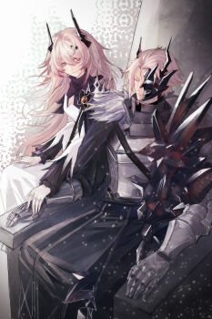 1boy 1girl absurdres arknights armor black_dress black_horns black_pants cc_guiya chinese_commentary cleavage_cutout closed_eyes closed_mouth clothing_cutout commentary_request cuirass dress fingernails fur_trim gauntlets hair_between_eyes hair_intakes hand_on_another&#039;s_hand highres horns jewelry light_particles light_smile long_hair long_sleeves multiple_rings pants pink_eyes pink_hair pointy_ears ring short_hair sitting sitting_on_throne theresa_(arknights) theresis_(arknights) throne turtleneck turtleneck_dress white_dress