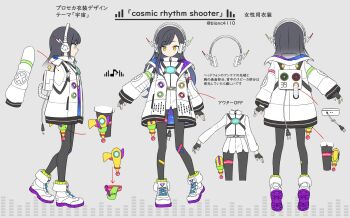 1girl black_hair black_pantyhose commentary_request concept_art contest_winner cosmic_rhythm_shooter_(project_sekai) full_body gun headphones highres jacket multiple_views musical_note official_art open_clothes open_jacket orange_eyes pantyhose project_sekai reference_sheet shiraishi_an shiro_(blanc4110) shirt shoes translation_request weapon white_jacket white_shirt white_shoes
