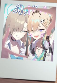 2girls asuna_(blue_archive) asuna_(school_uniform)_(blue_archive) blonde_hair blue_archive blue_bow blue_eyes bow bowtie collar earphones earrings green_necktie grey_hair hair_over_one_eye halo highres jewelry long_hair looking_at_viewer lynae_(wuthering_waves) multiple_girls n_sol necktie one_eye_closed open_mouth photo_(object) purple_eyes school_uniform selfie v wuthering_waves
