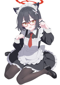 1girl absurdres animal_ears apron ayane_(blue_archive) baozi_9527 black_dress black_hair black_pantyhose black_shoes blue_archive braid cat_ears cat_girl commentary crown_braid dress extra_ears frilled_apron frilled_dress frilled_hairband frills full_body glass hairband halo highres kemonomimi_mode looking_at_viewer maid_headdress necktie open_mouth pantyhose pointy_ears red_halo red_necktie shoes short_hair simple_background sitting solo wariza white_apron white_background white_hairband yellow_eyes