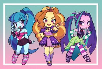 Rule 34 | 3girls, :3, :d, absurdly long hair, adagio dazzle, adagio dazzle (human), aqua background, aria blaze, aria blaze (human), arm at side, bare shoulders, belt, black choker, black gloves, black hairband, black necktie, black shirt, black shoes, black skirt, blonde hair, blue hair, blue skin, blue skirt, boots, bracelet, breasts, choker, cleavage, closed mouth, collarbone, colored skin, commentary, cropped jacket, curly hair, curtained hair, deformed, dress, elbow gloves, eyeshadow, fangs, finger to mouth, fingerless gloves, foreshortening, full body, gem, glitter, gloves, gradient background, green gloves, green hair, green skirt, hair ornament, hair tie, hairband, hand on own hip, hand up, high-waist skirt, high ponytail, highres, ikirunosindo, index finger raised, inset border, jacket, jewelry, knee boots, leaning forward, leggings, legs apart, legs together, long hair, lower teeth only, makeup, medium breasts, multicolored hair, multiple girls, my little pony, my little pony: equestria girls, my little pony: friendship is magic, necktie, off-shoulder shirt, off shoulder, official alternate costume, open-toe shoes, open clothes, open jacket, open mouth, orange hair, parted bangs, pencil skirt, pendant choker, pink background, pink boots, pink dress, pink eyes, pink leggings, pink shirt, pink skin, ponytail, puffy short sleeves, puffy sleeves, purple boots, purple eyes, purple eyeshadow, purple hair, purple jacket, purple overskirt, reaching, reaching towards viewer, red gemstone, shirt, shoes, short-sleeved jacket, short sleeves, sideways glance, skirt, sleeveless, sleeveless shirt, small breasts, smile, sonata dusk, sonata dusk (human), sparkle, spiked bracelet, spiked hairband, spikes, standing, star (symbol), star hair ornament, straight hair, streaked hair, striped clothes, striped gloves, striped leggings, striped shirt, studded belt, symbol-only commentary, teeth, thigh gap, tongue, tongue out, twintails, two-sided fabric, two-sided skirt, two-tone background, two-tone gloves, two-tone hair, two-tone leggings, upper teeth only, v-shaped eyebrows, very long hair, waving, white gloves, white leggings, yellow belt, yellow skin