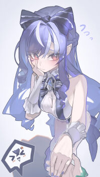 2girls 2ho absurdres averting_eyes belle_(zenless_zone_zero) breasts cleavage clothing_cutout drill_hair drill_sidelocks grey_background hand_grab hand_up heart_cutout highres leaning_forward medium_breasts multiple_girls official_alternate_costume one-piece_swimsuit pointy_ears purple_hair red_eyes sidelocks solo_focus swimsuit twin_drills vivian_banshee vivian_banshee_(iris_of_the_shore) wavy_mouth white_one-piece_swimsuit zenless_zone_zero