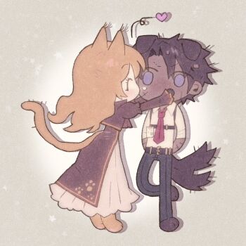 1boy 1girl ^_^ animal_ears animal_hands black_pants brown_dress brown_hair brown_jacket cat_ears cat_girl cat_tail catherine_(project_moon) chibi closed_eyes couple dog_boy dog_ears dog_tail dress full_body hair_intakes heart heathcliff_(project_moon) hetero jacket kiss kissing_cheek limbus_company long_hair pants project_moon purple_eyes tail tail_wagging yesheng_zong_ren