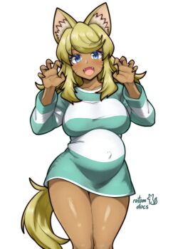 1girl absurdres animal_ear_fluff animal_ears artist_name blonde_hair blue_eyes breasts cat_ears cat_girl cat_tail claw_pose collarbone commentary commission covered_navel cowboy_shot dark-skinned_female dark_skin english_commentary fangs green_shirt hands_up highres large_breasts light_blush liru long_sidelocks looking_at_viewer open_mouth pregnant renkin_san-kyuu_magical_pokaan rotomdocs shirt sidelocks signature solo standing striped_clothes striped_shirt tail thick_eyebrows white_background white_shirt wide_hips