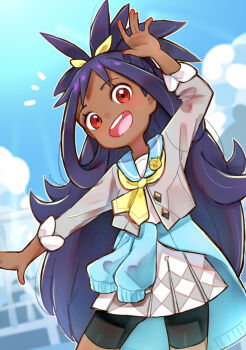 1girl :d arm_up bike_shorts_under_skirt clothes_around_waist cloud commentary_request day grey_jacket hair_rings happy iris_(academy)_(pokemon) iris_(pokemon) jacket long_hair meta-g_(curc8737) nintendo notice_lines official_alternate_costume open_mouth outdoors pleated_skirt pokemon pokemon_masters_ex purple_hair red_eyes skirt sky sleeves_rolled_up smile solo sweater sweater_around_waist teeth tongue upper_teeth_only
