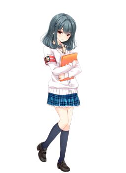 1girl armband black_shoes black_socks blue_skirt bolo_tie brown_eyes cardigan closed_mouth full_body girlfriend_(kari) green_hair hair_ornament holding_file kneehighs knees loafers looking_at_viewer miniskirt official_art plaid_clothes plaid_skirt pleated_skirt qp:flapper red_armband school_uniform shinomiya_risa shirt shoes simple_background skirt smile socks solo standing thighs transparent_background white_cardigan yellow_shirt