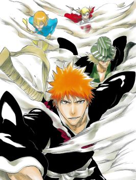 Rule 34 | 1girl, 3boys, bleach, blonde hair, brown eyes, bucket hat, closed mouth, collarbone, hair ornament, hairclip, hands in pockets, hat, hirako shinji, holding, holding sword, holding weapon, japanese clothes, kimono, kubo tite, kurosaki ichigo, looking at viewer, medium hair, multiple boys, necktie, official art, orange hair, pants, running, sarugaki hiyori, second-party source, shihakusho, shikai, short hair, smile, spiked hair, sword, teeth, urahara kisuke, weapon, wide sleeves, zangetsu (shikai), zanpakutou