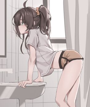 1girl absurdres ahoge aqua_eyes arched_back bathroom brown_hair brown_scrunchie brown_shorts closed_mouth commentary dolphin_shorts expressionless faucet feet_out_of_frame from_side grey_shirt hair_ornament hair_scrunchie highres hololive indoors leaning_forward leaning_on_object long_hair natsuiro_matsuri natsuiro_matsuri_(matsuri's_day_off) ponytail scarlet_(wv0102) scrunchie shirt short_shorts short_sleeves shorts sink solo standing symbol-only_commentary tile_wall tiles virtual_youtuber