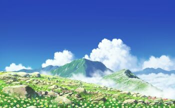 absurdres blue_flower blue_sky cloud commentary_request day field flower flower_field grass highres mountain no_humans original outdoors pei_(sumurai) pink_flower purple_flower rock scenery sky white_flower yellow_flower