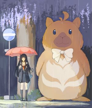 .osari 1girl black_hair black_jacket black_shirt black_skirt black_socks chisa_(wuthering_waves) commentary dated_commentary highres holding holding_umbrella jacket kneehighs long_hair namipon_(wuthering_waves) neckerchief open_clothes open_jacket outdoors pleated_skirt rain red_eyes red_neckerchief sailor_collar school_uniform serafuku shirt skirt socks standing tonari_no_totoro totoro_bus_stop umbrella white_sailor_collar wuthering_waves