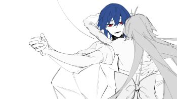 2girls ahoge archetype_earth arcueid_brunestud artist_request back_bow bare_shoulders blue_hair bow cape ciel_(tsukihime) dancing dark_persona detached_sleeves dress dress_bow fur-trimmed_cape fur_trim hand_on_another's_back happy highres holding_hands long_hair michael_roa_valdamjong multiple_girls naked_cape open_mouth possessed possession red_eyes roa-ciel sketch smile source_request tsukihime tsukihime_(remake) unfinished vampire very_long_hair wavy_hair