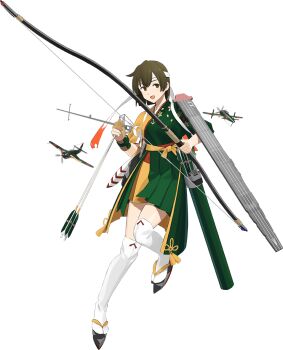 Rule 34 | 1girl, aircraft, aircraft request, airplane, archery, arrow (projectile), bow (weapon), brown eyes, brown hair, flight deck, full body, geta, gloves, green hakama, green kimono, hakama, headband, hiryuu (kancolle), hiryuu kai san (kancolle), japanese clothes, kantai collection, kimono, kyuudou, looking at viewer, official art, orange kimono, partially fingerless gloves, partly fingerless gloves, quiver, shibafu (glock23), short hair, solo, tasuki, third-party source, transparent background, two-tone kimono, weapon, white headband, yugake, yumi (bow)