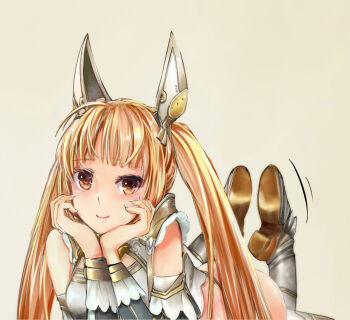 Rule 34 | 1girl, ass, blonde hair, blush, brown eyes, character request, female focus, hands on own face, headgear, long hair, looking at viewer, lying, monster hunter (series), monster hunter frontier, on stomach, smile, solo, twintails, zi-dabu