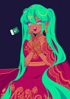 1girl absurdres alternate_skin_color aqua_eyes aqua_hair aqua_nails commentary dark-skinned_female dark_skin dress earrings embroidered_dress english_commentary gold_earrings gold_embroidery gold_necklace green_eyes green_hair green_nails hair_ornament hatsune_miku henna highres jewelry long_eyelashes long_hair manasbananas midriff_peek necklace number_tattoo pakistani_clothes pakistani_flag red_dress simple_background smile tattoo twintails very_long_hair vocaloid