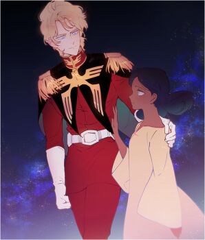 1boy 1girl bad_id bad_twitter_id belt bindi black_hair blonde_hair blue_eyes cape char_aznable dark_skin double_bun dress epaulettes gloves green_eyes gundam hair_bun lalah_sune military military_uniform mobile_suit_gundam monochrome sakanaokashi short_hair smile white_gloves yellow_dress