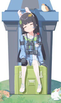 1girl absurdres ammunition_box animal_ears animal_request binoculars bird black_gloves black_hair blue_archive blue_shirt blue_skirt closed_eyes commentary fake_animal_ears gloves green_neckerchief highres leaf leaf_on_head miyu_(blue_archive) neckerchief nyune pantyhose rabbit rabbit_ears sailor_collar shirt shoes skirt sleeping solo sparrow trash_can white_pantyhose white_sailor_collar white_shoes