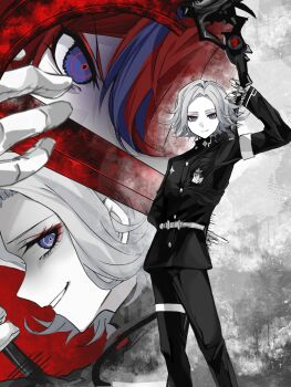 2boys aotsuki_eito arm_up armband black_jacket black_pants black_streaks blue_eyes chinese_commentary colored_skin commentary_request evil_grin evil_smile eyeshadow gakuran gloves grey_background grey_hair grin highres holding holding_scythe holding_weapon jacket last_defense_academy_school_uniform looking_at_viewer makeup male_focus multicolored_hair multiple_boys multiple_views no_eyewear pants purple_eyes red_background red_eyeshadow red_hair ringed_eyes school_uniform scythe short_hair smile streaked_hair sumino_takumi sword the_hundred_line_-last_defense_academy- variant_set weapon white_armband white_gloves white_skin wubutuoqi