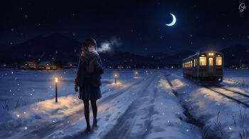 1girl absurdres black_eyes black_gloves black_hair black_pantyhose breath brown_scarf commentary_request crescent_moon gloves highres looking_to_the_side medium_hair moon mountainous_horizon multiple_unit_train night original pantyhose pleated_skirt railroad_tracks scarf scenery school_uniform serafuku signature skirt sky snow snowing star_(sky) starry_sky train walking willta winter winter_uniform