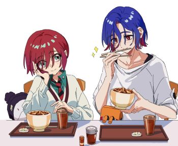 1boy 1girl amate_yuzuriha blue_hair bowl chopsticks drink eating food gundam gundam_gquuuuuux holding holding_bowl necktie o6nuqm red_hair short_hair shuji_ito sitting