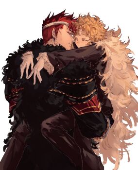 Rule 34 | 2boys, alternate costume, black coat, black pants, blonde hair, blue eyes, boku no hero academia, carrying, carrying person, closed eyes, closed mouth, coat, cowboy shot, eben1120, endeavor (boku no hero academia), facial scar, frilled sleeves, frills, hashtag-only commentary, hawks (boku no hero academia), highres, long sleeves, looking at another, male focus, medium sideburns, multiple boys, pants, red hair, scar, scar on cheek, scar on face, short hair, sideburns, simple background, smile, white background, yaoi