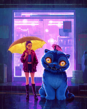 1girl bird black_boots boots cat commentary derpy_(kpop_demon_hunters) devin_elle_kurtz english_commentary glass_door hand_in_pocket highres hood hood_down jacket jewelry kpop_demon_hunters midriff navel necklace outdoors parody purple_hair rain rumi_(kpop_demon_hunters) shorts standing storefront tonari_no_totoro totoro_bus_stop umbrella yellow_eyes yellow_umbrella