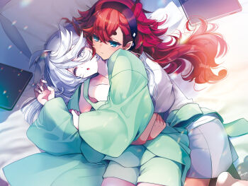 2girls blue_eyes blush closed_mouth grey_eyes gundam gundam_suisei_no_majo hair_between_eyes hairband hug hug_from_behind izumiya_otoha jacket long_hair long_sleeves lying miorine_rembran multiple_girls one_eye_closed parted_lips ponytail red_hair shirt shorts suletta_mercury tablet_pc tank_top thick_eyebrows white_hair yuri