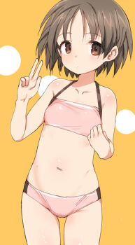 1girl bikini brown_eyes brown_hair closed_mouth deadpan dot_mouth flat_chest girls_und_panzer looking_at_viewer maruyama_saki navel orange_background pink_bikini shimada_fumikane short_hair solo stomach swimsuit thigh_gap v