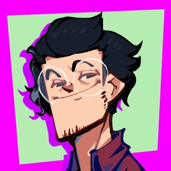 1boy artist_self-insert beard_stubble black_eyes black_hair border closed_mouth collared_shirt drop_shadow facial_hair glasses green_background happy highres looking_afar looking_to_the_side male_focus matching_hair/eyes original outside_border portrait purple_border red_shirt round_eyewear shirt short_hair simple_background smile smug solo spindle_(aidenr0) stubble white-framed_eyewear