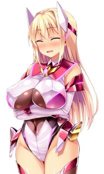 1girl arms_under_breasts ayazaki_shizuku bare_shoulders blonde_hair blush breasts closed_eyes clothing_cutout covered_erect_nipples covered_navel cowboy_shot crossed_arms elbow_gloves game_cg gloves glowing groin hair_between_eyes headgear highleg highleg_leotard huge_breasts large_variant_set legs_together leotard long_hair magical_girl neon_trim non-web_source nose_blush official_art open_mouth satou_kuuki shiny_clothes shiny_skin sidelocks simple_background skin_tight smile solo soukou_seiki_ysphere standing thighhighs transparent_background variant_set white_background white_gloves white_leotard ys_flare