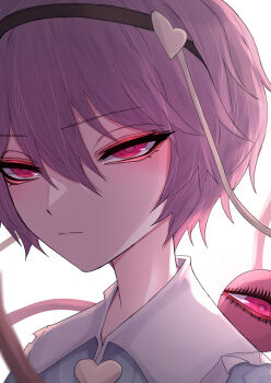 33_gaff button collared_shirt eyelashes frown hair_ornament headband heart heart_hair_ornament komeiji_satori looking_at_viewer magenta_eyes pink_eyes pink_hair shirt simple_background third_eye touhou white_background wire