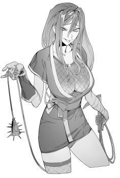 Rule 34 | 1girl, alternate costume, arm wrap, armor, breasts, character request, check character, cleavage, collarbone, commentary request, cropped legs, evil smile, fishnet top, fishnets, furcas (megido72), furrowed brow, greyscale, hair between eyes, half-closed eyes, hand up, highres, holding, holding rope, holding weapon, index finger raised, japanese armor, japanese clothes, kimono, kote, kusarigama, lipstick, long hair, looking up, makeup, megido72, monochrome, ninja, no bra, panties, pantyshot, parted lips, raised eyebrows, rope, sash, short kimono, short sleeves, sickle, sidelocks, single fishnet legwear, single thighhigh, smile, solo, soosaresu, spikes, thighhighs, underwear, uneven eyes, waist sash, weapon