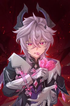 broken_heart commentary_request crystal dragon_boy dragon_horns genshin_impact gloves heart highres holding holding_heart horns looking_at_viewer mini_durin_(genshin_impact) mini_durin_(human)_(genshin_impact) open_mouth outstretched_hand saigawa_genshin white_gloves