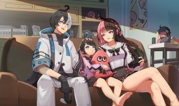 1boy 2girls aged_down ahoge barefoot black_bow black_bowtie black_choker black_gloves black_hair black_shirt black_skirt blue_eyes bow bowtie braid breasts brown_bow brown_hair child choker collar collared_shirt colored_inner_hair controller couch crossed_legs family feet frilled_collar frills game_controller gloves highres holding holding_controller indie_virtual_youtuber indoors jacket kaga_nazuna kamito_(vtuber) legs long_hair long_sleeves medium_breasts miniskirt multicolored_hair multiple_girls open_mouth pants pink_bow pink_hair pink_jacket pink_ribbon playing_games pleated_skirt puckered_lips ribbon ribbon-trimmed_skirt ribbon-trimmed_sleeves ribbon_trim shirt short_sleeves side_braids sitting skirt smile soles split-color_hair streaked_hair stuffed_animal stuffed_octopus stuffed_toy suspender_skirt suspenders tachibana_hinano tachibana_hinano_(1st_costume) thighs twintails two-tone_hair virtual_youtuber vspo! weiyu_(jj33jj55) white_hair white_jacket white_pants white_shirt