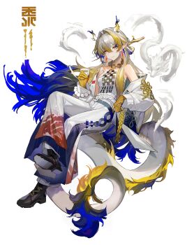 Rule 34 | 1girl, absurdres, arknights, bare shoulders, black boots, blonde hair, blue hair, boots, breasts, character name, closed mouth, crossed legs, cup, dragon, dragon girl, dragon horns, dragon tail, eastern dragon, eastern dragon horns, eastern dragon tail, eyeliner, full body, grey eyes, grey hair, hair intakes, highres, holding, holding cup, horns, invisible chair, jacket, looking at viewer, makeup, multicolored hair, off shoulder, orange eyeliner, pants, pointy ears, shu (arknights), sitting, smile, solo, steam, strapless, sumi 1800, tail, tube top, white background, white hair, white jacket, white pants, white tube top, yellow hands