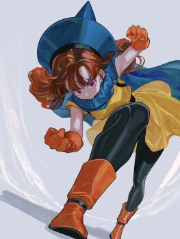 1girl alena_(dq4) black_leggings blue_cloak blue_hat blunt_bangs boots breasts brown_hair clenched_hands cloak curly_hair dragon_quest dragon_quest_iv dress earrings fighting_stance frown full_body furrowed_brow gloves grey_background hat highres jewelry leggings long_hair martial_arts medium_breasts okita_(sukult_4) orange_boots orange_gloves parted_bangs pink_eyes solo yellow_dress