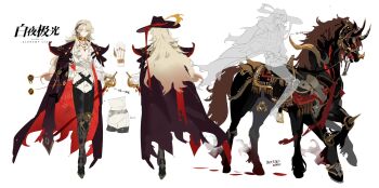 1boy alchemy_stars armored_animal armored_boots bangle bead_necklace beads belt black_belt black_boots black_hat black_horse blonde_hair blood blood_drip bloody_weapon boots bracelet brown_cape cape cavalier_hat chinese_commentary closed_mouth collarbone commentary_request copyright_logo cummerbund curtained_hair earrings frilled_shirt frilled_sleeves frills full_body gaiters gold_collar gold_earrings grey_eyes hair_ornament hand_on_own_hip hat hat_feather heterochromia highres holding holding_sword holding_weapon horse horseback_riding jewelry knee_boots light_smile logo long_hair looking_at_viewer mismatched_earrings multiple_rings multiple_views necklace official_art pants parted_bangs partially_unbuttoned pointy_ears poleyn red_cape reference_sheet reverse_grip riding ring shirt shoulder_pads simple_background solo standing star_(symbol) star_necklace sword thighhigh_gaiters thighhighs turnaround two-sided_cape two-sided_fabric weapon white_background white_pants white_shirt wilhelm_(alchemy_stars) yellow_eyes yuzuo_de_yi_tiao_bianr